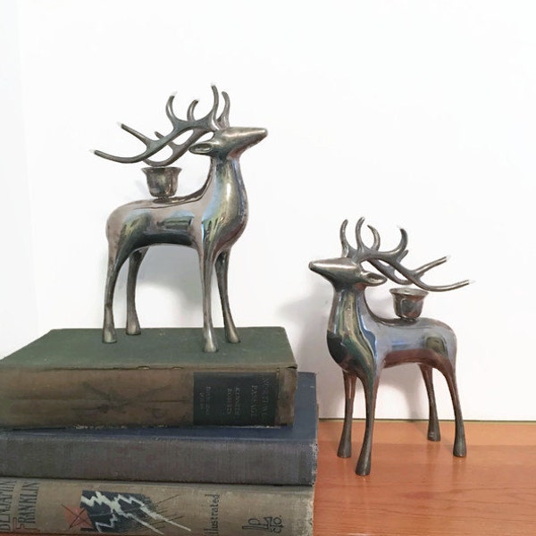 Silver Chrome Deer Candle Holder ~Reindeer Christmas candleholder~ Woodland antler decor, Set of Two