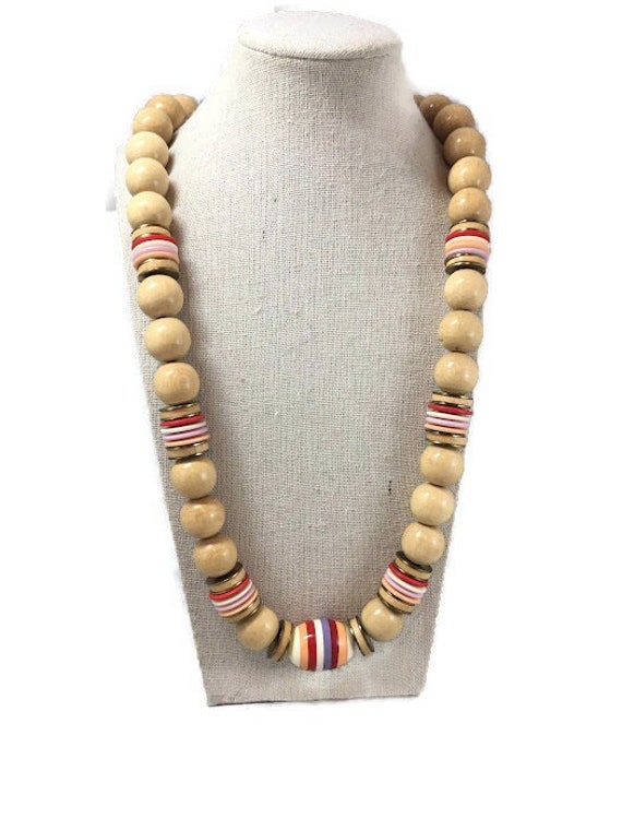 Vintage Wood and Colorful Acrylic Beaded Necklace,
