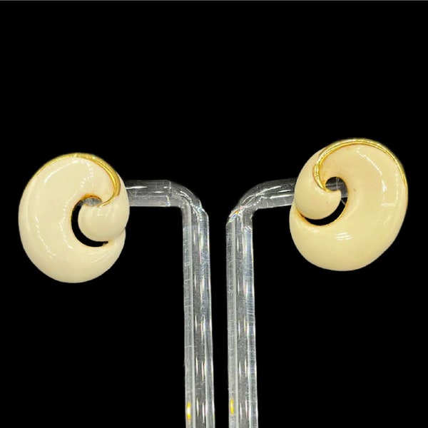 Vintage 80s Cream and Gold Enamel Fashion Earrings Signed RA ,Retro, Neutral