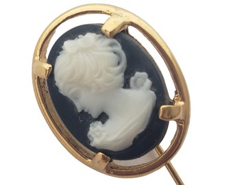 Retro Napier Signed Black Cameo Gold Tone Stick Pin Grannycore Victorian Revival