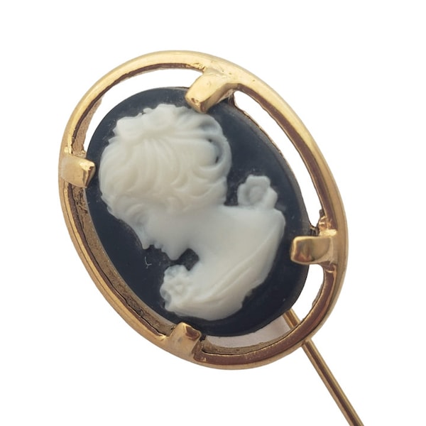 Retro Napier Signed Black Cameo Gold Tone Stick Pin Grannycore Victorian Revival