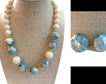 Vintage Blue and White Plastic Bead and Earrings Set Retro 1980s Swirl Design