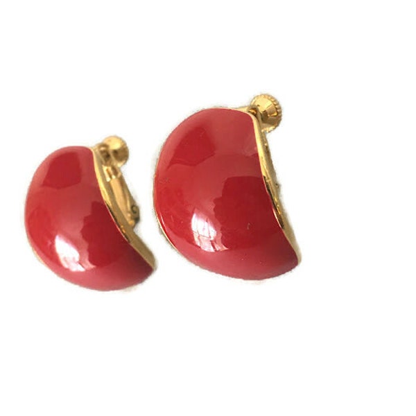 Napier Red Enamel Gold Clip On Screw Back Vintage Earrings 1960s Designer Vintage Jewelry Mint Retro