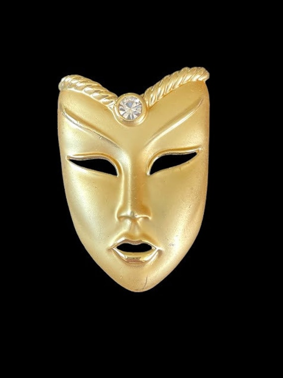 Vintage Gold Tone Woman's Face Mask Rhinestone Bro