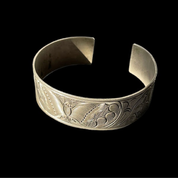 Vintage Pewter Cuff Bracelet Boho Etched Insect Floral Bohocore Hippie Jewelry Ethnic