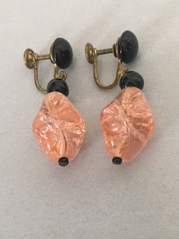 Retro Pink Sunstone and Black Art Glass Earrings … - image 6