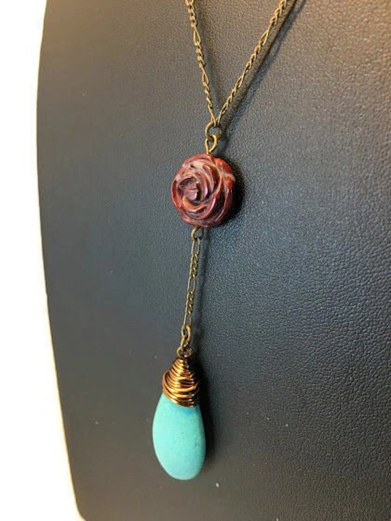 Artisan Carved Red Jadeite and Turquoise Y Pendan… - image 1