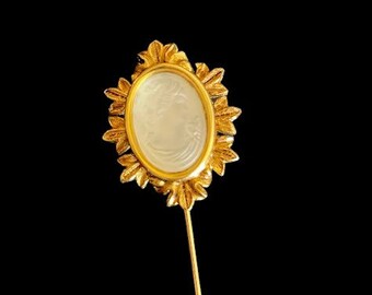 Vintage Gold Tone Faux Intaglio Cameo Stickpin Victorian Revival Retro Pin 1970s