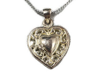 Sterling Silver Heart Pendant 16" Chain Valentine's Day Gift, Retro