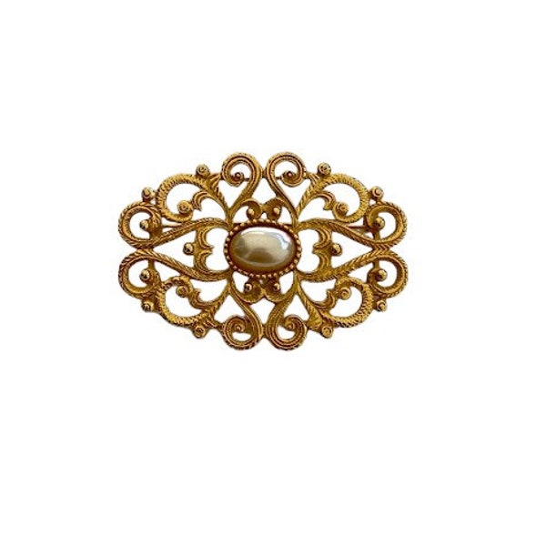 Premier Designs Goldtone Filigree with Faux Pearl Pin Brooch Large Retro Cottagecore Victorian Style