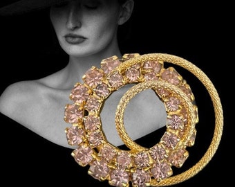 Vintage Gold Tone Lavender Rhinestone Double Swirl Circle Brooch Retro Elegance