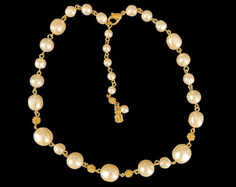 Retro Liz Claiborne Gold Tone Baroque Faux Pearl Choker Necklace, Y2K, Preppycore, Quiet Luxury. Vintage, Champagne Color