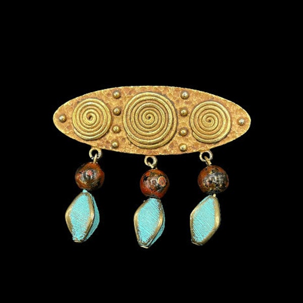 Vintage Etruscan Style Brooch Hammered Brass with Coils Beads, Gold Tone Turquoise Color, 1980s Boho