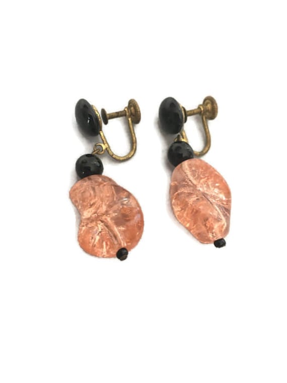 Retro Pink Sunstone and Black Art Glass Earrings ,