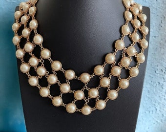 Retro Large Faux Pearl Bib Necklace Champagne and Gold Tone 16" Egyptian Collar Chunky Bohocore Costume