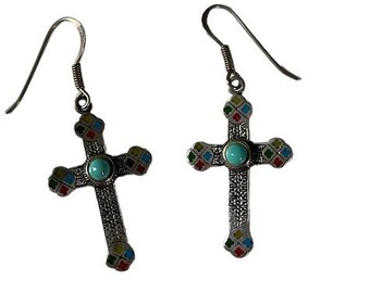 Hand Crafted Sterling Silver Turquoise Enamel Cross Earrings Retro Bohochic 5g