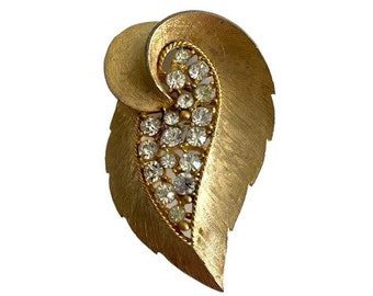 JJ Jonette, Gold Tone, Rhinestone, Leaf Brooch, Brushed ,Texture, Retro ,Floral, Grammacore, Signed, Mid Century