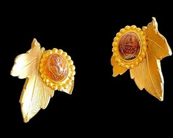 Retro Gold Plated Carved Cameo Leaf Earrings Topaz Color Stone Bohemian Nature