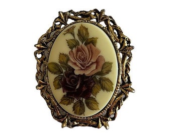 Vintage Porcelain, Pink Rose, Cameo Style, Brooch  ,Pendant,  Retro,  Grannycore , Gold Tone , Cottagecore, Transfer, Antiqued