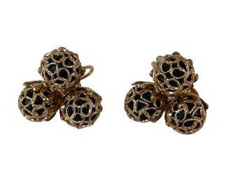 Vintage Vogue Gold Tone Filigree Black Rhinestone Ball Earrings Clip-ons Signed Retro