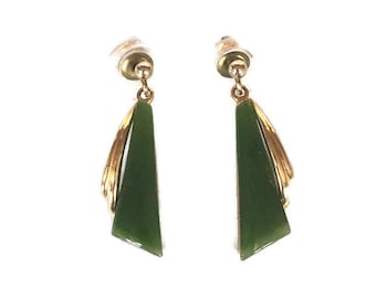 Vintage Green Chrysoprase Dangle Earrings Gold Tone Findings, Pierced, Retro , Preppy, Gemstone,