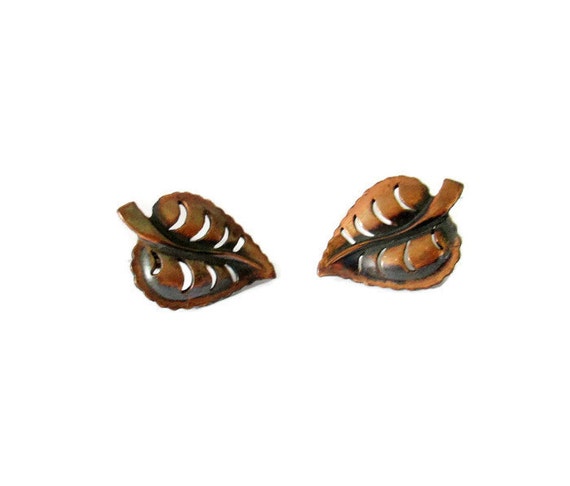 Copper Leaf Motif Vintage Earrings, Retro Screw B… - image 5