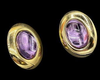Gold Tone Oval Purple Cabochon Earrings 1990s Retro Statement Classic