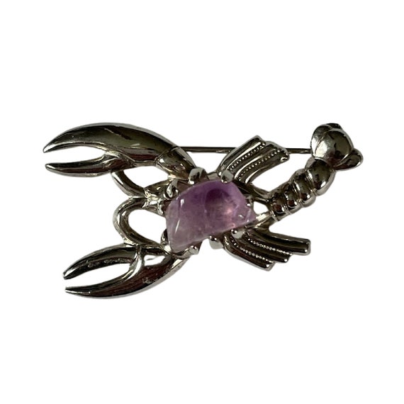 Vintage, Silver Tone and Amethyst Lobster Brooch … - image 1