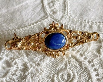 Vintage Victorian Revival Gold Plated Filigree Bar Brooch with Blue Cabochon, Faux Lapis