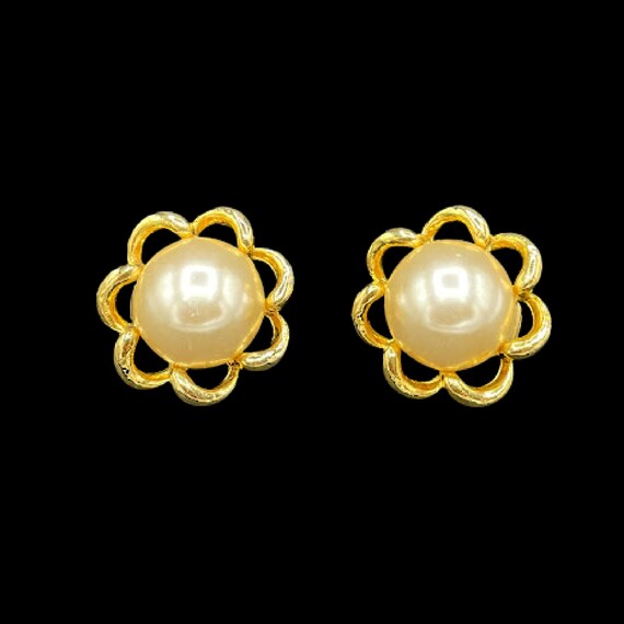 Vintage 80s Gold Plated Faux Pearl Clip-on Earrin… - image 1