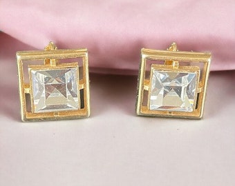 Vintage AVON Gold Tone Rhinestone Square Earrings Clip-on Retro Prepcore, Quiet Luxury, Prom Jewelry, Geometric