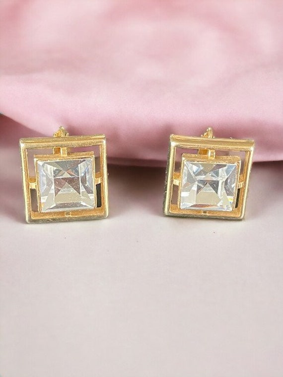 Vintage AVON Gold Tone Rhinestone Square Earrings 