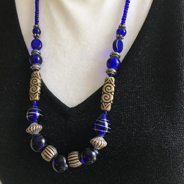 Cobalt Blue Glass Beaded Necklace Silver Saturn Beads, Accent Beads, Bohemian , Handmade, Artisan, Infinity retro Bohochic