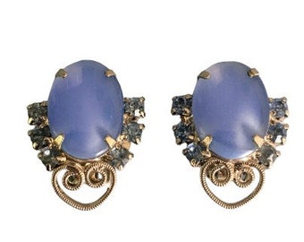 Vintage Blue Glass Moon Glow Cabochon and Blue Rhinestone Clip-on Earrings Retro 1950s 1960s  Elegant Sparkling  Silver Tone Scroll Finding