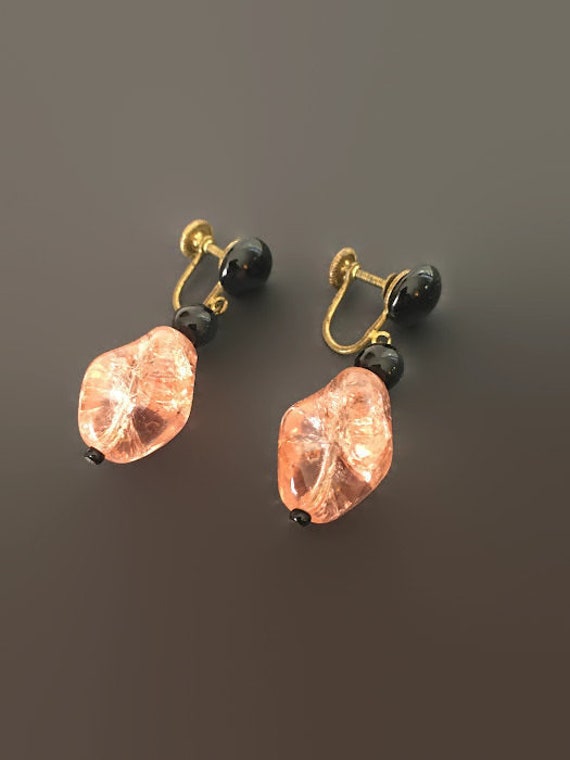 Retro Pink Sunstone and Black Art Glass Earrings … - image 2