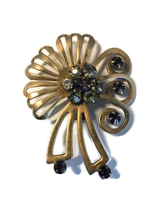 Vintage Gold Plated Rhinestone Flower Bouquet Spr… - image 1