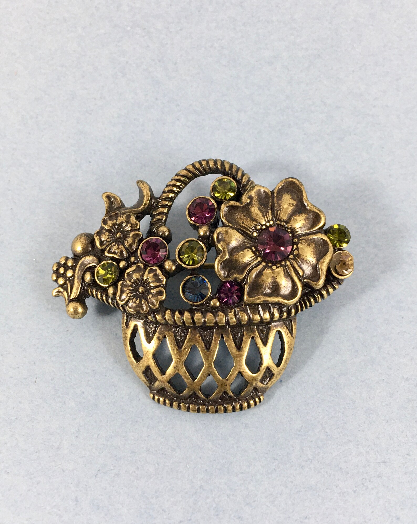 Vintage Flower Basket Brooch 1928 Antiqued Gold Purple and Etsy