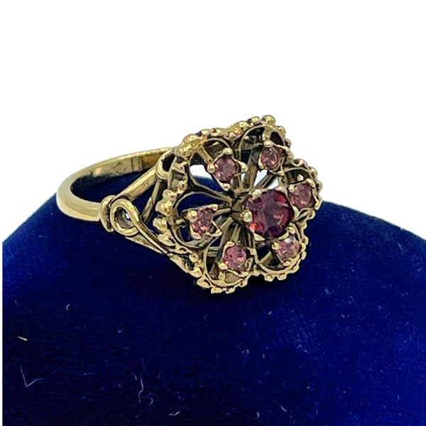 Retro Vargas 14K HGE Tiered Halo Ring Yellow Gold Purple Prong Set Stones Size  9 Signed 1940s Floral, Statement Ring,