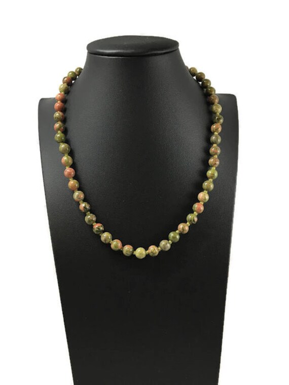 Green and Pink Unakite Beaded Necklace, Natural St