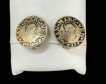 Vintage WHITING & DAVIS CO Earrings San Marc Ven Lion Head Silver Coin Retro Clip On