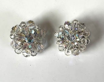 Vintage Germany AB Rhinestone Clear Cluster Earrings Clip-on Silver Tone Signed Bridal Party Retro Classic Glam Wedding Prom