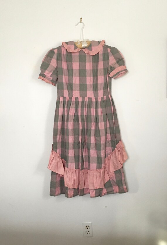 50's Ruffle Dress, Pink Gray Gingham, Plaid Checks