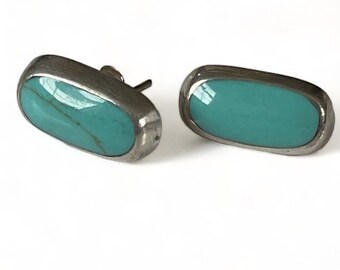 Hand Crafted Turquoise Rectangular Stud Earrings 925 Sterling Silver Prepcore