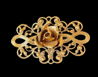 Retro Gold Tone Filigree Scroll Rose Floral Brooch Vintage Victorian Revival Dimensional Pin 1950s 1960s