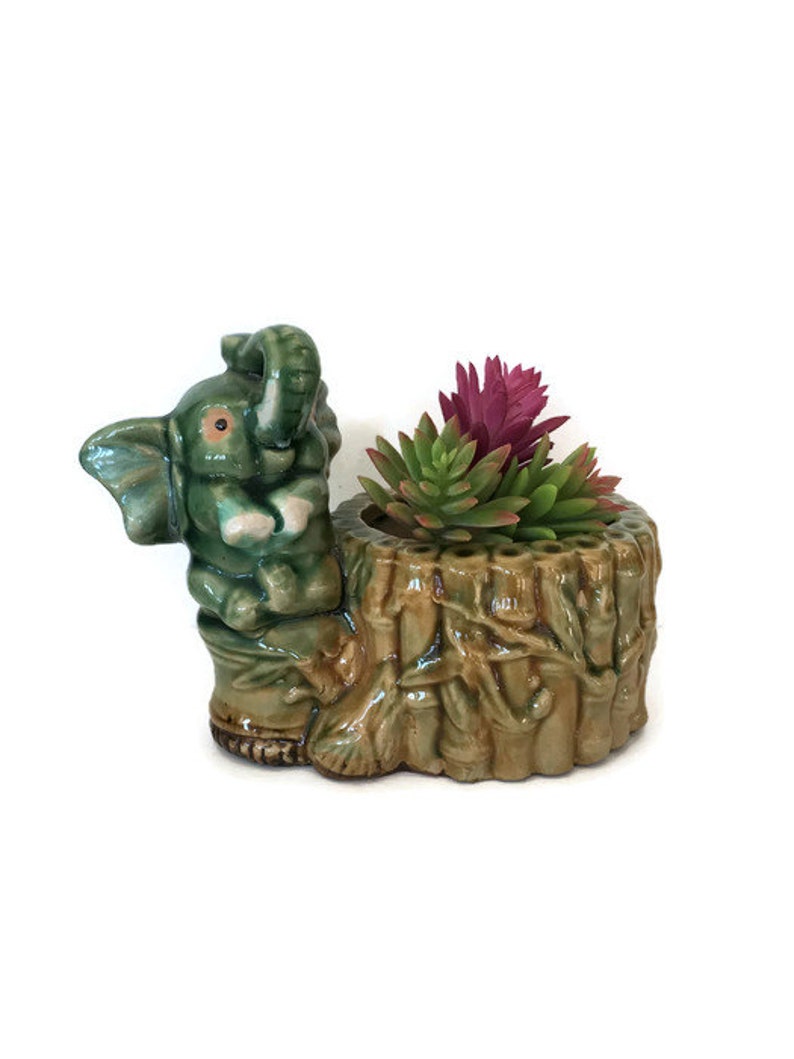 Mid Century Pottery Bamboo Succulent Planter Majolica Indoor Gardening Vintage Planter Ceramic Elephant Figurine