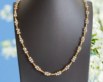 Retro Faux Pearl Cluster Necklace Preppy Gold Tone 24" Twist Bar Link Chain Prom Wedding Bridal Jewelry Bridesmaid