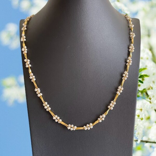 Retro Faux Pearl Cluster Necklace Preppy Gold Tone 24" Twist Bar Link Chain Prom Wedding Bridal Jewelry Bridesmaid