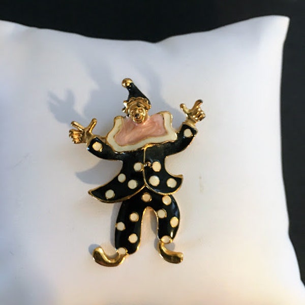 Retro Enamel Clown Brooch, Gold Tone, Black, White and Pink, Figural Pin, Polka Dots , Articulated , Man Brooch