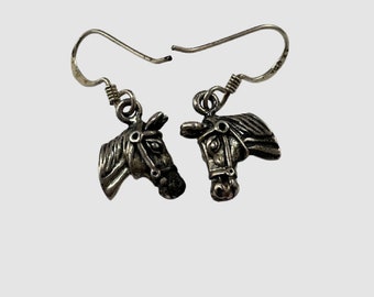 Vintage Sterling Silver Horse Head Earrings Dangle Drop Ear Wires, Equestrian Retro Cowgirl, Rodeo, Western, Country Girl