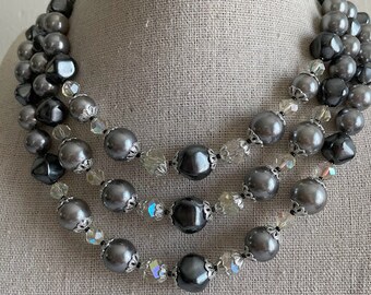 Vintage Silver Tone Chunky Baroque Faux Pearl AB Crystal 3 Strand Necklace Retro Signed Japan, Layered Beads, 1960's necklace, Prom, Wedding